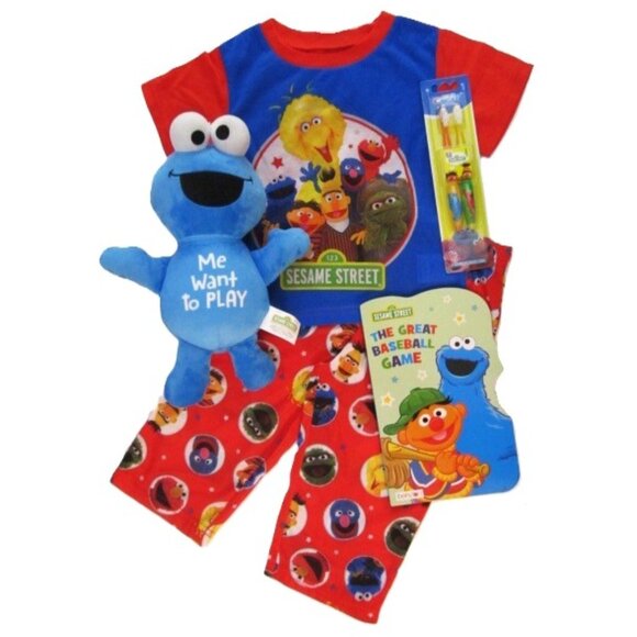 Sesame Street Other - Sesame Street Pajamas Stuff Cookie Monster Book & Toothbrushes size 2 NEW